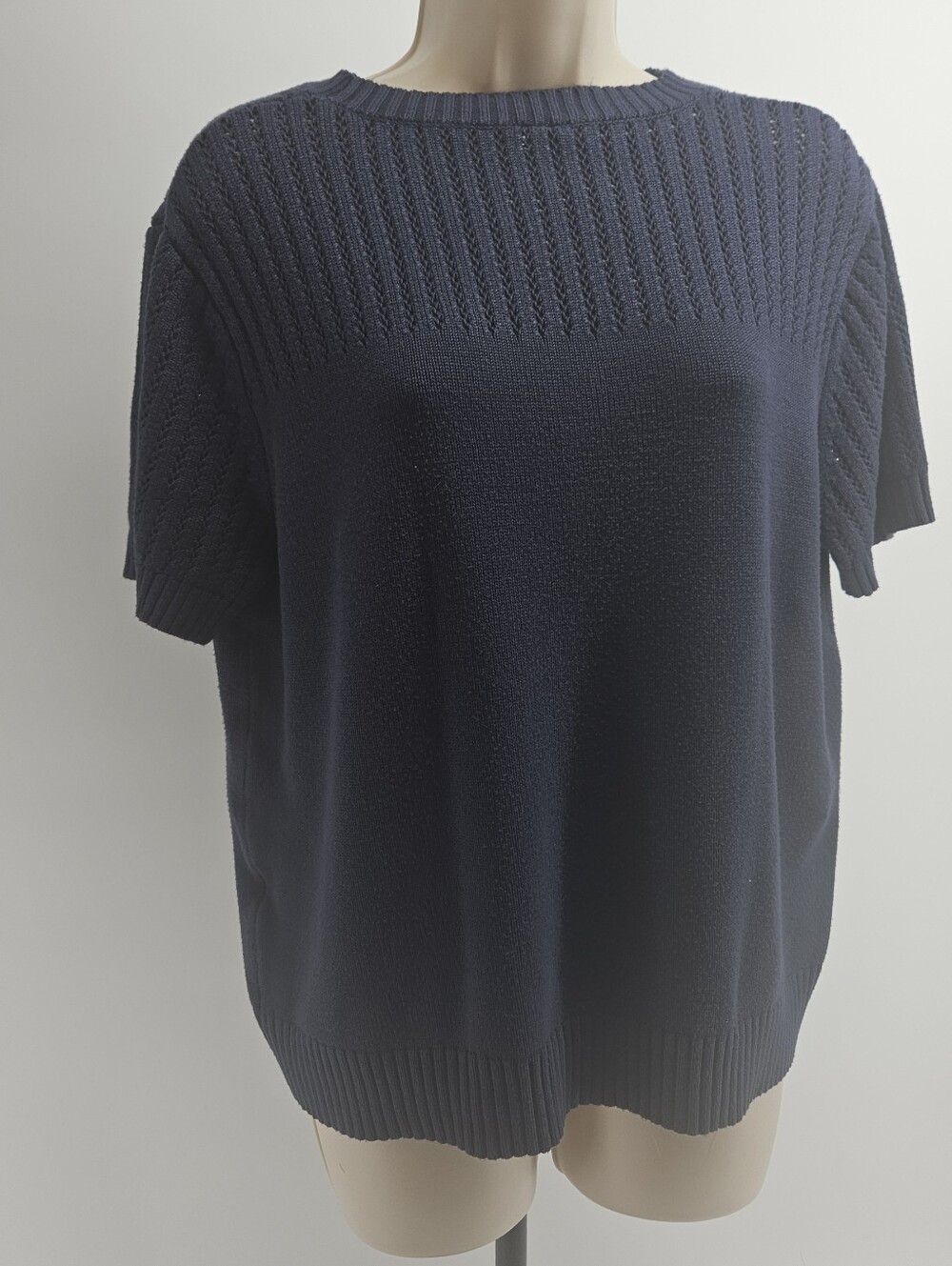 Dokotoo Navy Blue Open Knit Short Sleeve Sweater Large Lightweight Knit Cottage